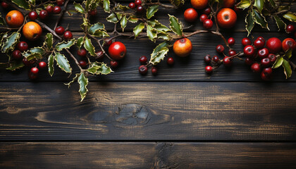 Wall Mural - Fresh organic fruit on rustic wooden table, nature healthy gift generated by AI