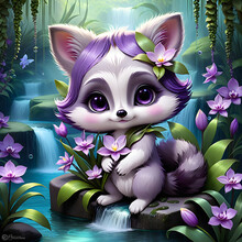 Dreamy Is A Whimsical And Enchanting Character, An Anthropomorphic Raccoon Brought To Life In A Cute Cartoon Form. She Is Adorned With Vibrant Purple Hair That Cascades Down Her Back, Adding A Playful