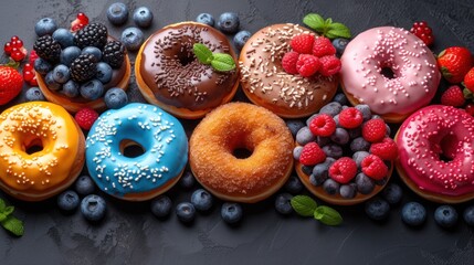 Canvas Print - a group of doughnuts sitting next to each other on top of blueberries, raspberries, and raspberries.