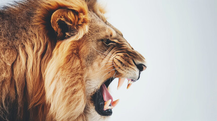 Portrait of a strong lion looking away on an isolated white background. The lion screams with its fanged mouth open. 