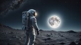 Fototapeta Kosmos - Astronaut explores a moonlit landscape surrounded by stars, with a spaceship hovering in the night sky above, creating a fantastical scene of space and exploration