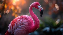 A Close Up Of A Pink Flamingo Standing In Front Of A Blurry Background Of Trees And Bushes At Sunset.