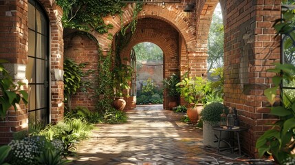  arch and brick wall of a house surrounded by greenery and various plants. These elements create a sense of place and contribute to the overall aesthetic.