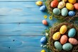 Happy Easter Eggs Basket gardening. Bunny in flower easter rose pink decoration Garden. Cute hare 3d Turquoise Pool easter rabbit spring illustration. Holy week bespoke message card wallpaper mark