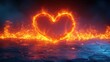 a heart shaped object is on fire in the middle of a dark, blue, and red background that appears to be floating in the air.