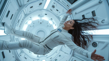 Wall Mural - Woman astronaut floats inside spaceship, young female person in zero gravity in corridor of spacecraft or space station. Concept of people in ship interior, sci-fi movie, weightlessness