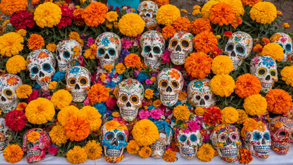  Decorative Mexican sugar skulls amid vibrant marigolds, celebrating Day of the Dead with rich colors and traditions, honoring memories with joy.