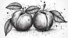 A Black And White Drawing Of Two Apples With Leaves On The Top Of One Of The Apples And The Other Two On The Bottom Of The Two.