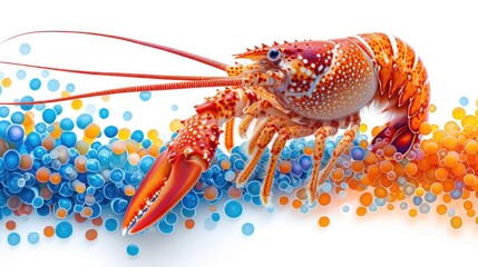 Wall Mural - a close up of a lobster on a white background with blue, orange, and red circles of bubbles around it.