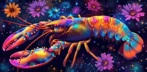 Wall Mural - a colorful painting of a lobster and a lobster in a field of daisies with daisies in the background.