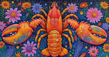 Wall Mural - a painting of a lobster on a blue background with flowers and daisies on the bottom and bottom of the image.