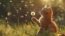 Young Cat Plays With Dandelion In Back Light On Green Meadow