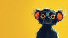 A Close Up Of A Small Animal With Orange Eyes And A Black Body With Orange Eyes And A Yellow Background.