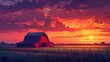 As the sun sets over the rural landscape, a red barn stands tall among the fields, its silhouette contrasted against the afterglow of the sky, while clouds float lazily above and the grass sways gent