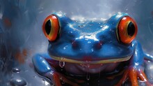 A Close Up Of A Frog's Face With Water Droplets On It's Body And A Red - Eyed Frog's Head.