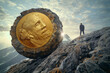Businessman at the mountainside next to a stone with a gold coin.