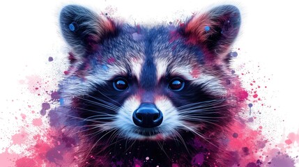 Wall Mural - a close up of a raccoon's face with watercolor paint splatters in the background.