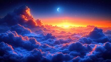 A Bright Orange And Blue Sky With Clouds And A Half Moon In The Distance With A Bright Orange And Blue Sky With Clouds And A Half Moon In The Middle.