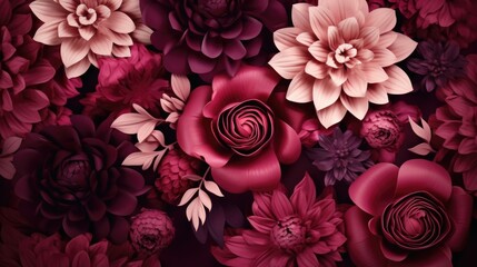 Canvas Print - Background with different flowers in Burgundy color.