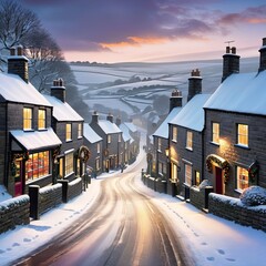 Wall Mural - Generative A.I. Winter snow, in a small Yorkshire village, with hills in the distance