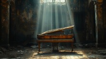 Old Piano In A Dark Room With A Spotlight Shinning On The Piano 