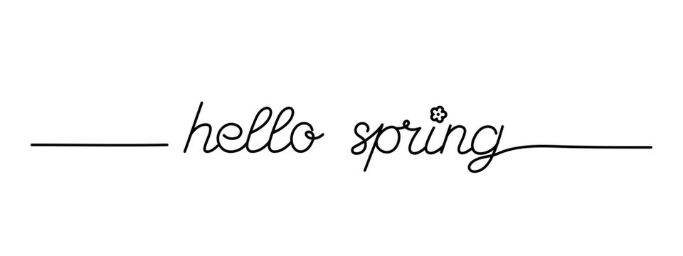 hello spring phrase continuous line drawing, black line vector illustration, editable stroke, horizo