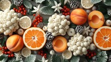 A Table Topped With Oranges, Pine Cones, And Other Fruits And Veggies On Top Of A Table.