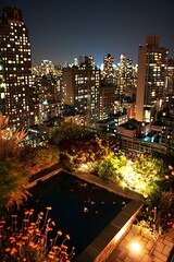 Poster - a view of a city at night from a rooftop garden