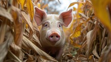 A Small Pig Standing In The Middle Of A Corn Field With It's Face Peeking Out Of The Corn Stalks.