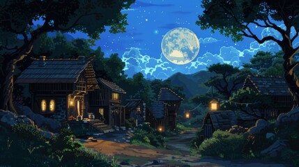 Poster - Under the glowing moon, a peaceful house sits nestled among towering trees, its walls adorned with a beautiful painting and lush plants, as the night sky envelops the serene outdoor scene