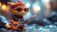 A Toy Cat With Sunglasses And A Red Bandana Plays A Guitar On A Surface With Lights In The Background.