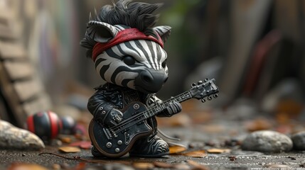 Wall Mural - a toy zebra with a red bandanna on its head and a black and white guitar in front of it.