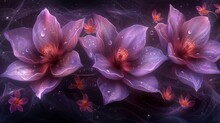 A Painting Of Three Purple Flowers On A Black Background With Water Droplets On The Petals And The Petals Of The Flowers.