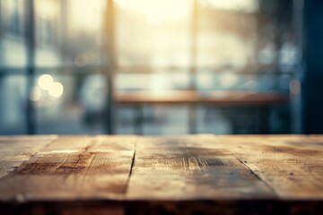 Wall Mural - A rustic wooden table basks in the warm sunlight streaming through the window, surrounded by the solid planks of a building and the comforting familiarity of an indoor setting