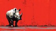 a rhino standing in front of a red wall with a black and white painting of a rhino on it's side.