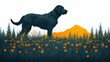 a painting of a dog standing in a field of wildflowers with a mountain in the distance in the background.