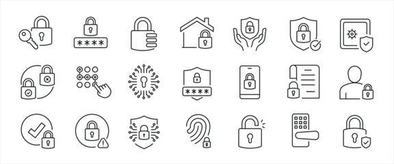 Wall Mural - Security simple minimal thin line icons. Related protection, secure, padlock, safe. Editable stroke. Vector illustration.
