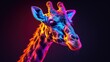 a close up of a giraffe's head with a colorful light pattern on it's face.