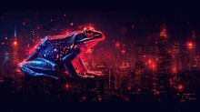 A Blue And Red Frog Sitting In Front Of A Cityscape With A Red Dot On It's Back.