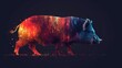 a colorful pig standing in the middle of a dark room with bright lights coming out of it's back.
