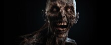 Terrifying Zombie Portrait With Ghoulish Features, Perfect For Horror Themes And Halloween Promotions, Dark Background