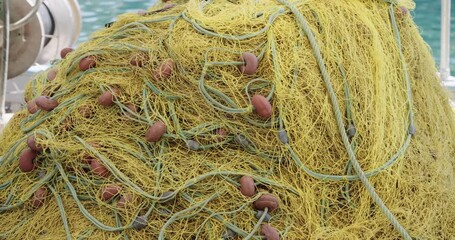 Closeup of fishing net detail on fisherman boat