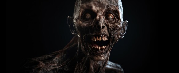 Terrifying zombie portrait with ghoulish features, perfect for horror themes and Halloween promotions, dark background