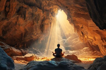 A man meditates in a beautiful cave where the sun's rays penetrate