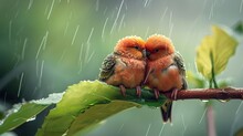 Two Little Birds Forming A Pair, Cuddling During The Rain. Ai Generative