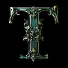 Wall Mural -  Letter T detailed Art Nouveau sculpture icon on black background