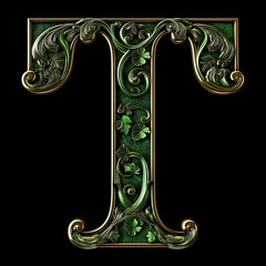 Wall Mural -  Letter T detailed Art Nouveau sculpture icon on black background