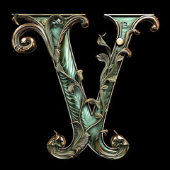 Wall Mural -  Letter V detailed Art Nouveau sculpture icon on black background