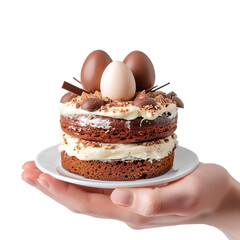 Wall Mural - For a happy easter, a woman’s hand holds a cake made of easter eggs, Isolated on Transparent Background, PNG