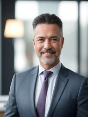 A handsome businessman in a black suit stands confidently in a corporate office, smiling and looking successful. He is a professional executive and a confident worker